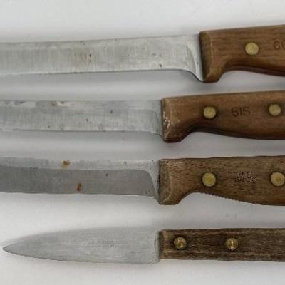 Set of 4 Vintage Kitchen Knives - 3 Chicago Cutlery Knives, 1 Small Wood Handled Paring Knife
