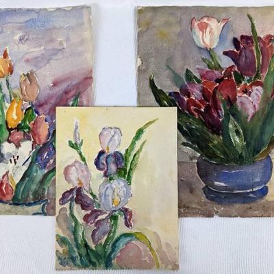 M.A. Higgy: 3 Signed Loose Floral Original Watercolors
