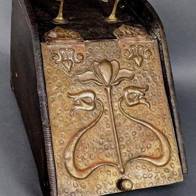 Victorian Wood Coal Box with Art Nouveau Brass Decorative Plate
