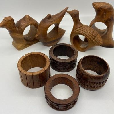 8 Vintage Wooden Napkin Rings - 4 Animals & 4 Carved Rings
