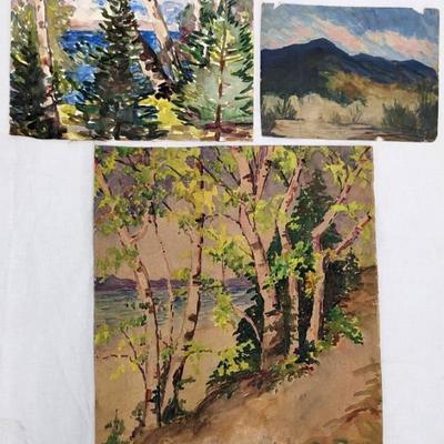 Antique Mary Alice (M.A.) Higgy: 3 Original Landscapes, Watercolor and Pastel, One Signed
