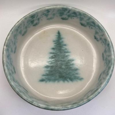 Signed Glazed Stoneware Bowl with Teal Marbling, Center Pine
