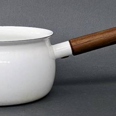 Vintage Enamelware White Sauce Pan with Wood Handle

