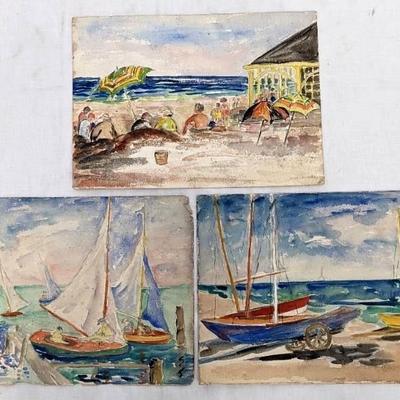 Antique Mary Alice (M.A.) Higgy: 3 Original 1916 Watercolors - Beach Bathers and Sailboats
