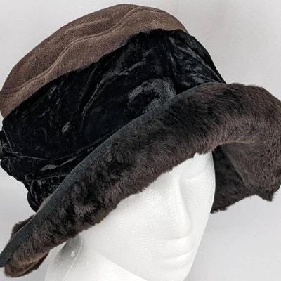 Vintage SUSAN BRADFORD Brown Sheepskin Hat wtih Black Velvet Trim
