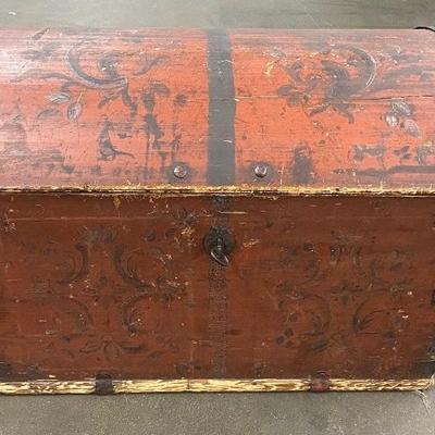 Antique Domed Wood Trunk Scandinavian Design with Nordic Painting Inside and Out & Surprise Hidden Compartment
