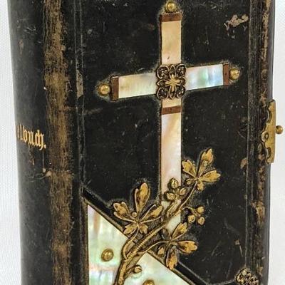 1889 Small German Gebetbuch / Catholic Devotional Book by Nottbeck - Leather with Mother-of-Pearl and Brass Inlay
