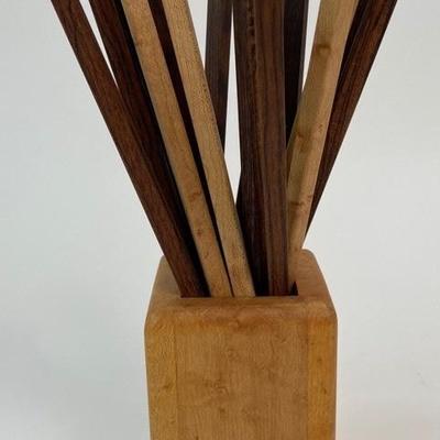 Nine Pairs of Hand-Carved Chopsticks and Wooden Container
