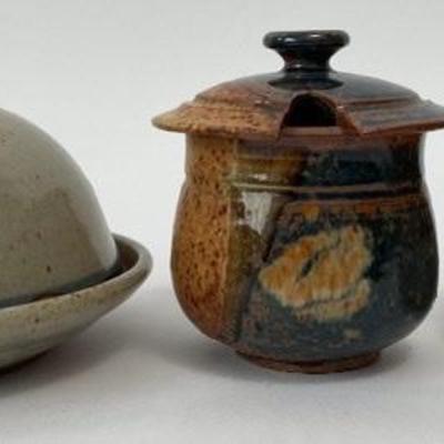 3 Vintage Studio Pottery Covered Dishes- French Butter Keeper, Sugar Bowl and Covered Dish
