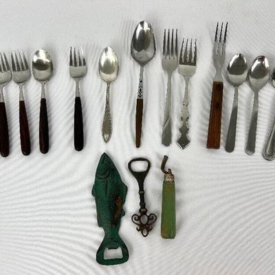 Assorted Vintage Wood Handled Flatware and Bottle Openers
