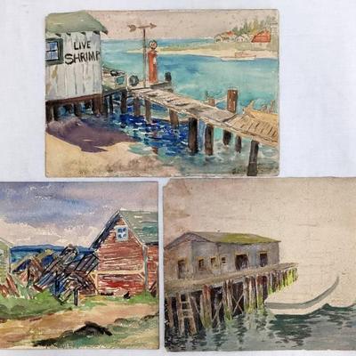 Antique Mary Alice (M.A.) Higgy: 5 Original Watercolors on 3 Canvases- Monterey / Floral / Forest, One Signed
