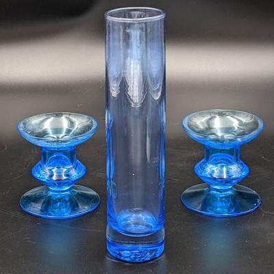 Blue Blown Art Glass Candle Holders and Stem Vase
