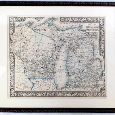 1863 Framed Map of Michigan and Wisconsin - Hand Colored Engraving Print

