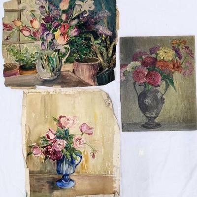 Antique Mary Alice (M.A.) Higgy: Original 5 Paintings on 3 Canvases - Florals / Landscapes in Oil and Watercolor
