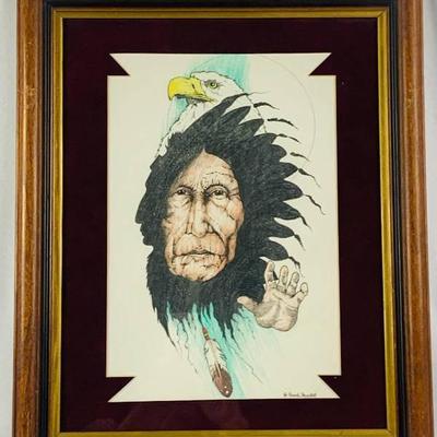 Vintage Framed Colored Pencil/Pen Drawing - Indigenous Portrait and Eagle - SIgned by G. Good Thunder
