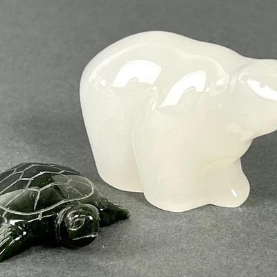 Hadeland of Norway Opaline Glass Bear and Carved Stone Turtle
