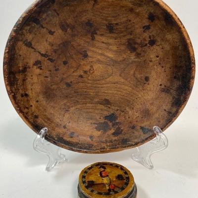Antique Small Wooden Bowl and Tiny Round Napoleon Trinket / Snuff Box
