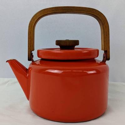 Vintage Red Enamelware Kettle With Teak Wood Handles- Danish Design
