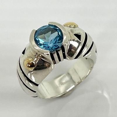 John Atencio Sterling Silver/18K Gold Open Bezel Set Blue Topaz Ring

