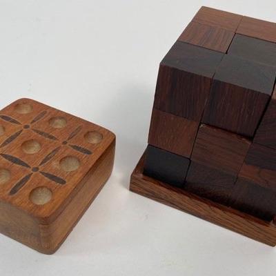 Wood Puzzle Cube and Wood Travel Tic Tac Toe with Marbles
