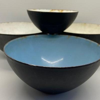 Set of Four Vintage Krenit Denmark Steel Enameled Bowls by Herbert Krenchel - Danish Enamelware
