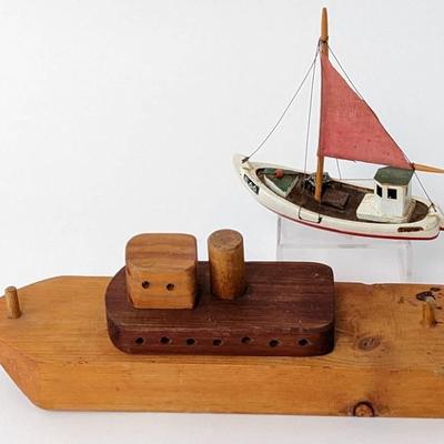 2 1930's Folk Art Hand Carved Wood Toy Boats
