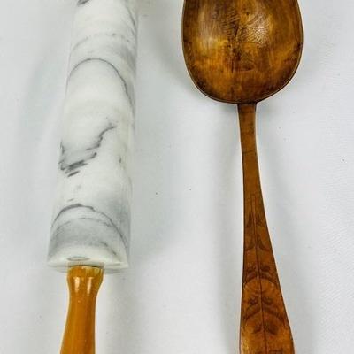 Antique Scandinavian Decorative Wooden Spoon and Marble Rolling Pin
