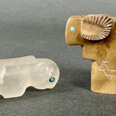 Two Carved Stone Zuni Fetishes - Ram with Petroglyphs by Ulysses Mahkee and Crystal Mountain Lion
