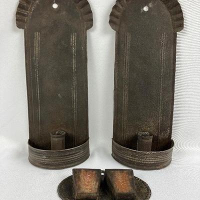 19th Century Wall Hanging Tin Candle Sconces and Match Caddy
