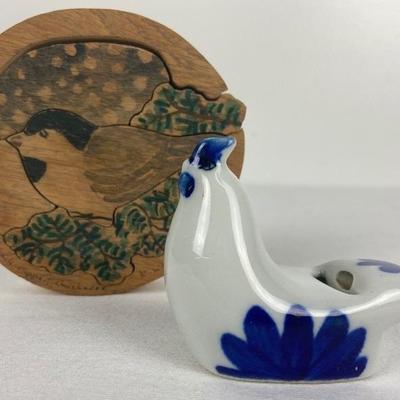 Vintage Blue and White Porcelain Hen Whistle & Hand-Carved and Painted Wood Folk-art Chickadee Puzzle
