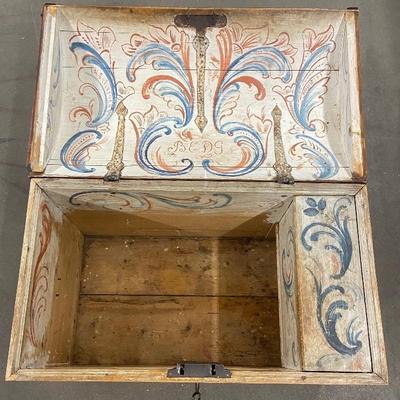 Antique Domed Wood Trunk Scandinavian Design with Nordic Painting Inside and Out & Surprise Hidden Compartment
