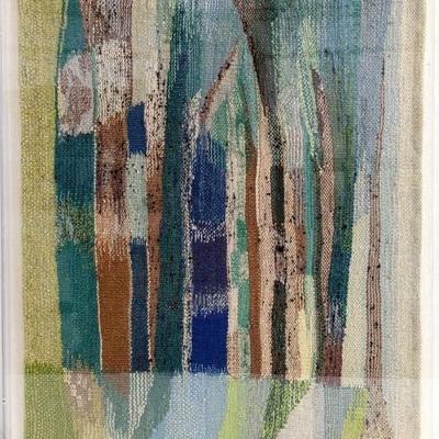 Evelyn Ackerman Signed Hand-Woven Textile Art in Acrylic/ Lucite Frame
