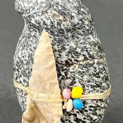 Grey Stone Zuni Bird Fetish with Attached Carved Stone Arrowhead and Beads
