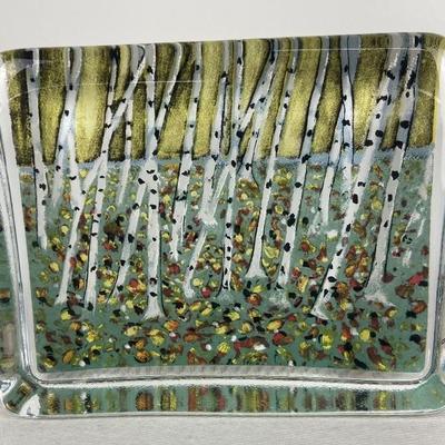 Signed Helja Liukko-Sundstrom Glass Paperweight IIttala Finland - "Dancing Leaves" with Birch Trees
