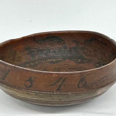 Antique Hand-Carved and Painted Scandinavian Wooden Bowl Dated 1846
