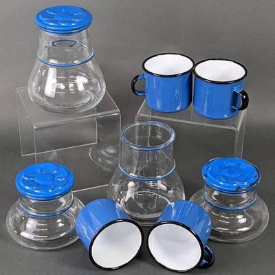Vintage Kitchen! 4 Poland Enamel Mugs + 4 Verreries Du Gier Daisy Glass Storage Jars
