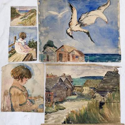 Antique Mary Alice (M.A.) Higgy: Five Vintage Original Beachy Watercolors, One Signed
