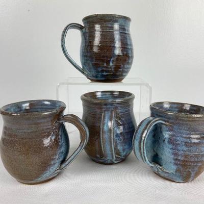 Set of 4 Sally Cardozo Brown Hand Thrown Studio Pottery Mugs with Beautiful Blue Glaze- Signed
