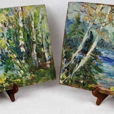 Mary Alice (M.A.) Higgy: Two Antique Original Oil Paintings of Birches on Board
