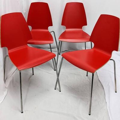 Four Red-Orange Chrome Plated Vilmar Stacking Chairs from IKEA
