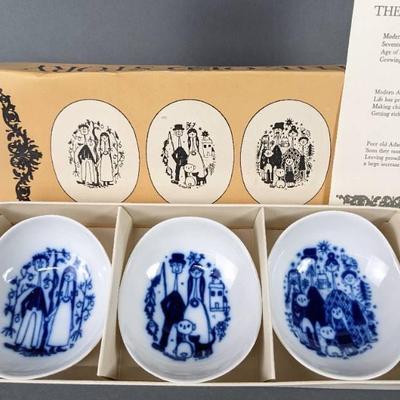 3 Porsgrund Norway Old Story Snack Dishes in Original Box - Adam and Eve in Cobalt Blue
