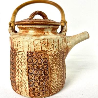 Earth-Tone Handmade Clay Teapot with Stamped Geometric Designs/Bamboo Handle by "Nerem"
