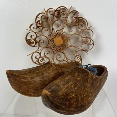 Scandinavian Vintage Wooden Hand Carved Clogs & Wood Curled Wall Decor
