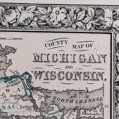 1863 Framed Map of Michigan and Wisconsin - Hand Colored Engraving Print
