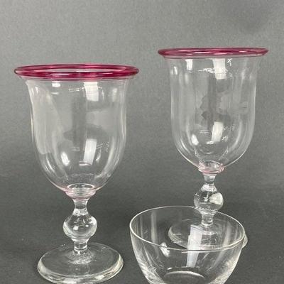 Two Rose Rimmed Glass Goblets & Tiny Glass Bowl
