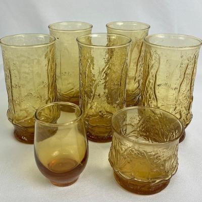 Mid-Century Anchor Hocking Rain Flower Glassware in Amber
