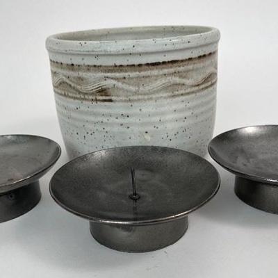 Beautiful Hand Made Pottery Planter & Three Metal Candle Holders
