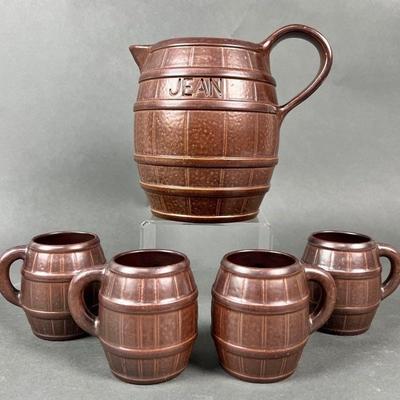 Vintage Glazed Pottery Jug with 4 Mugs- Signed
