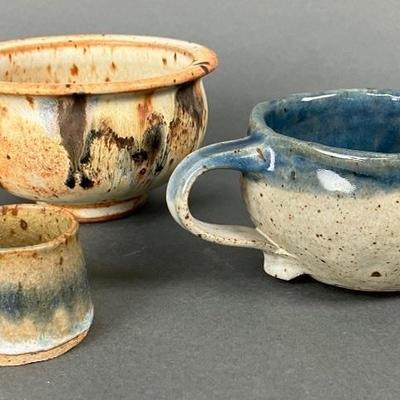 Two Unique Studio Pottery Mugs and Toothpick Holder- One Signed by the Artist
