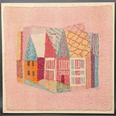Vintage EVELYN ACKERMAN Signed Original Textile Art on Open Frame - Colorful Houses on Pink Backdrop
